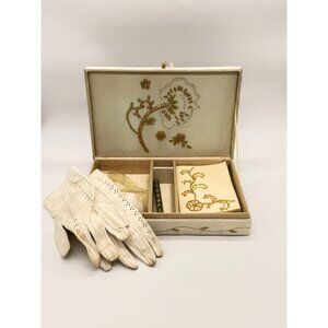 Vtg. Embroidered and Beaded Stationery Box w/Pen, White Leather Driving Gloves